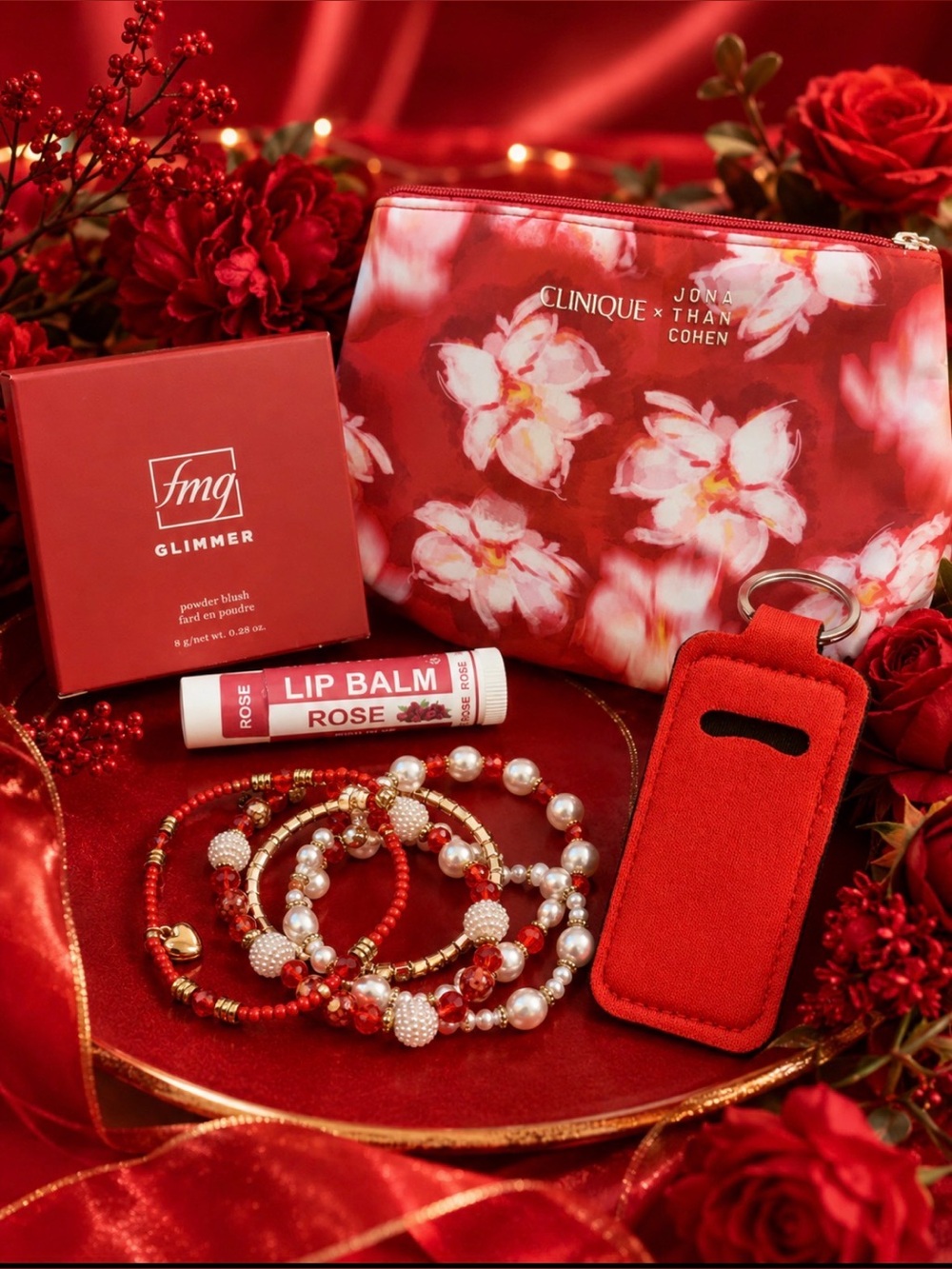Clinique Red Floral Cosmetic Pouch with Rose Lip Balm and Jewelry Set